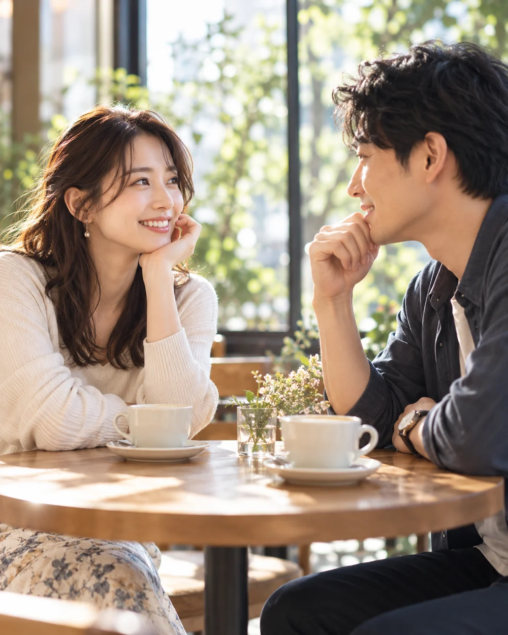 カフェで穏やかに会話する二人のイメージ
